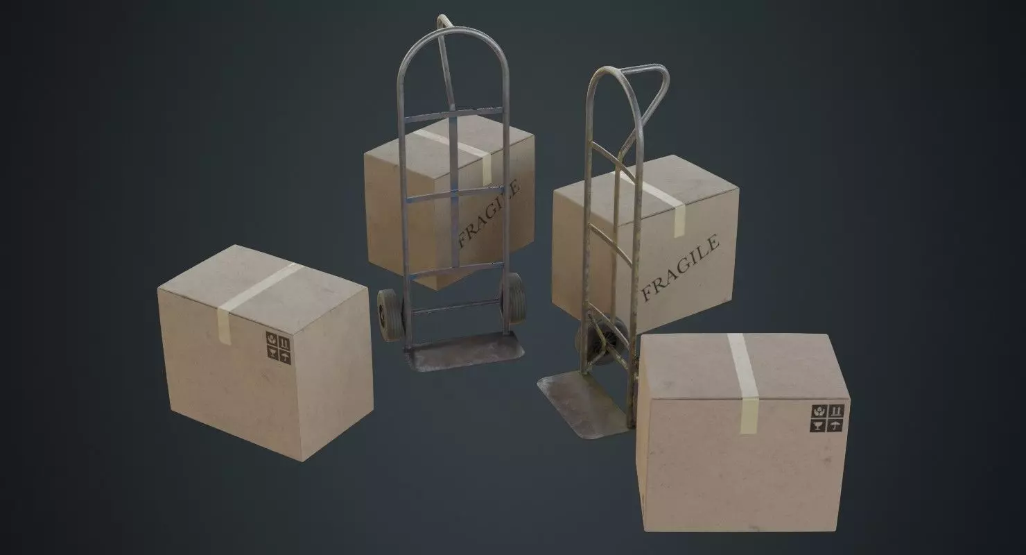 Hand Truck And Boxes 4B Low-poly 3D model_0