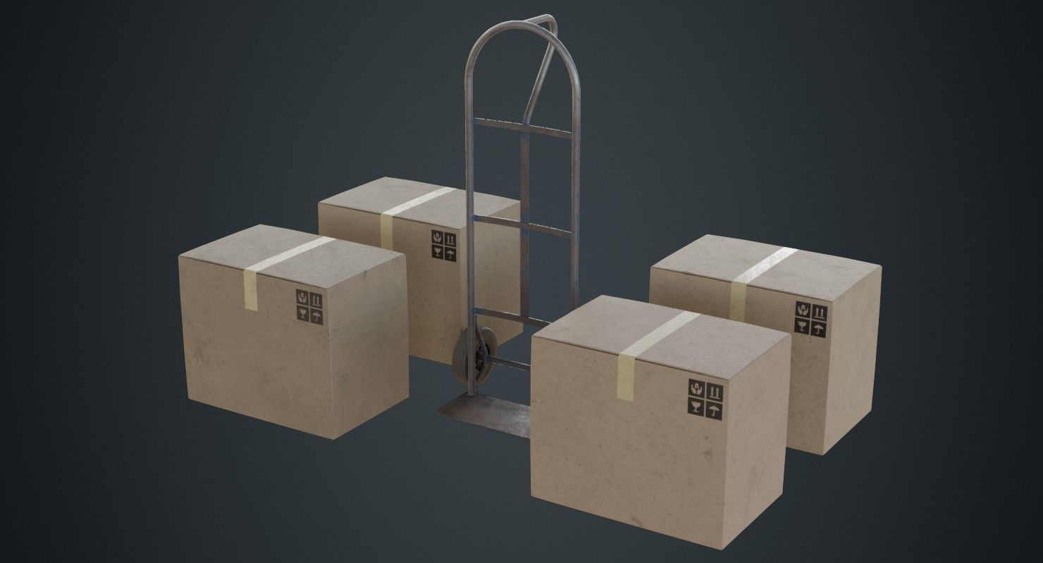 Hand Truck And Boxes 4B Low-poly 3D model_3