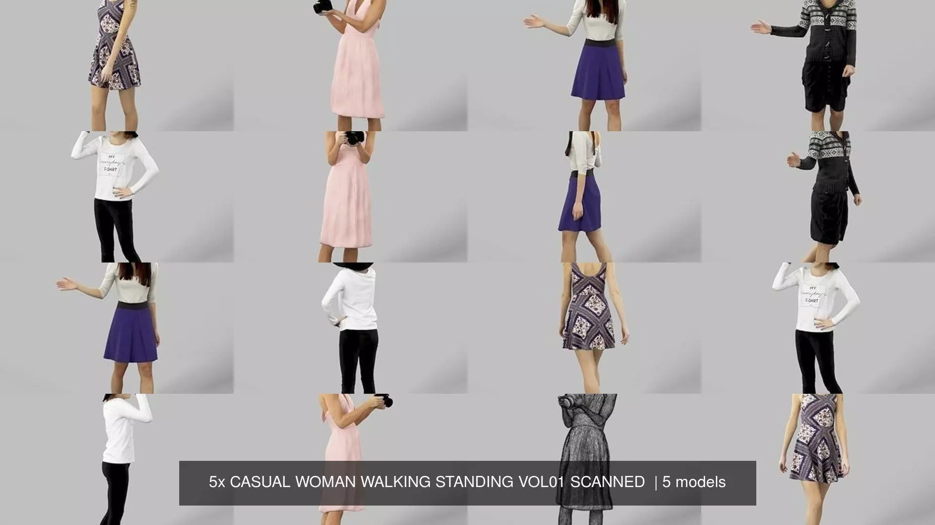 5x CASUAL WOMAN WALKING STANDING VOL01 SCANNED  3D Model Collection_0