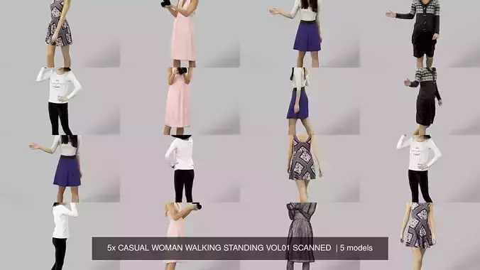 5x CASUAL WOMAN WALKING STANDING VOL01 SCANNED  3D Model Collection