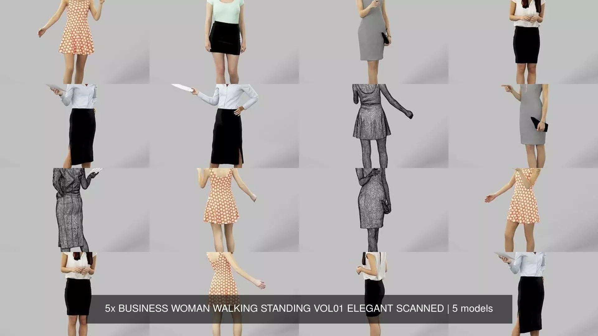 5x BUSINESS WOMAN WALKING STANDING VOL01 ELEGANT SCANNED 3D Model Collection_0
