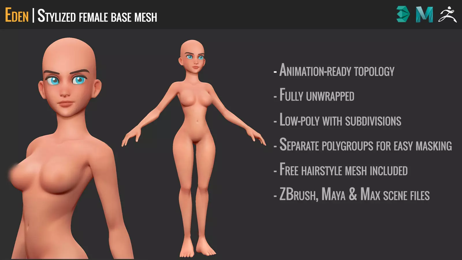 Eden - Stylized Female Base Mesh Low-poly 3D model_0