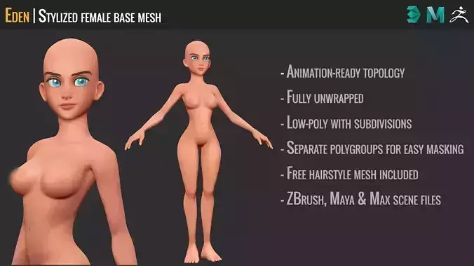 Eden - Stylized Female Base Mesh Low-poly 3D model