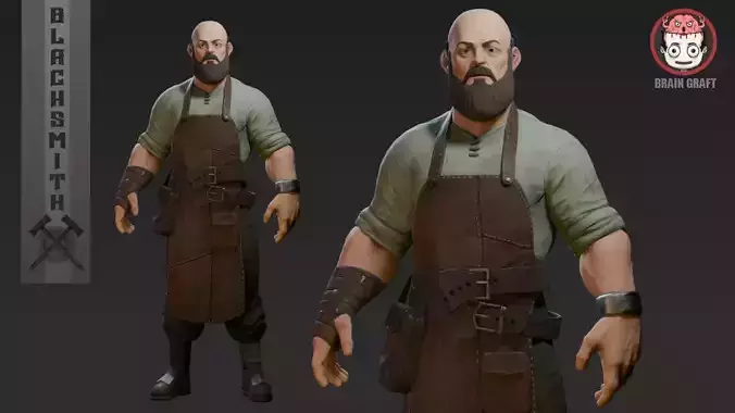 Blacksmith bearded man in apron Low-poly 3D model