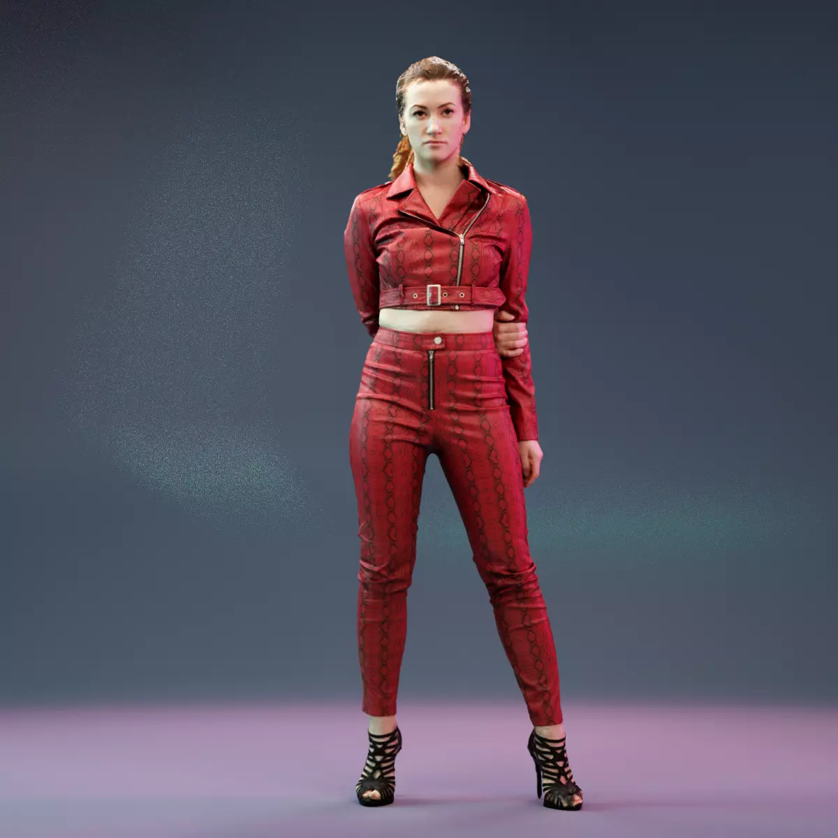 Red Snake Leather Outfit Girl Posing in High Heels Low-poly 3D model_0