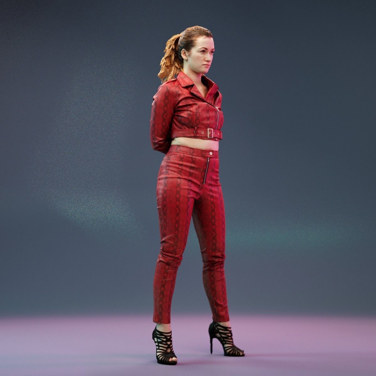 Red Snake Leather Outfit Girl Posing in High Heels Low-poly 3D model_2
