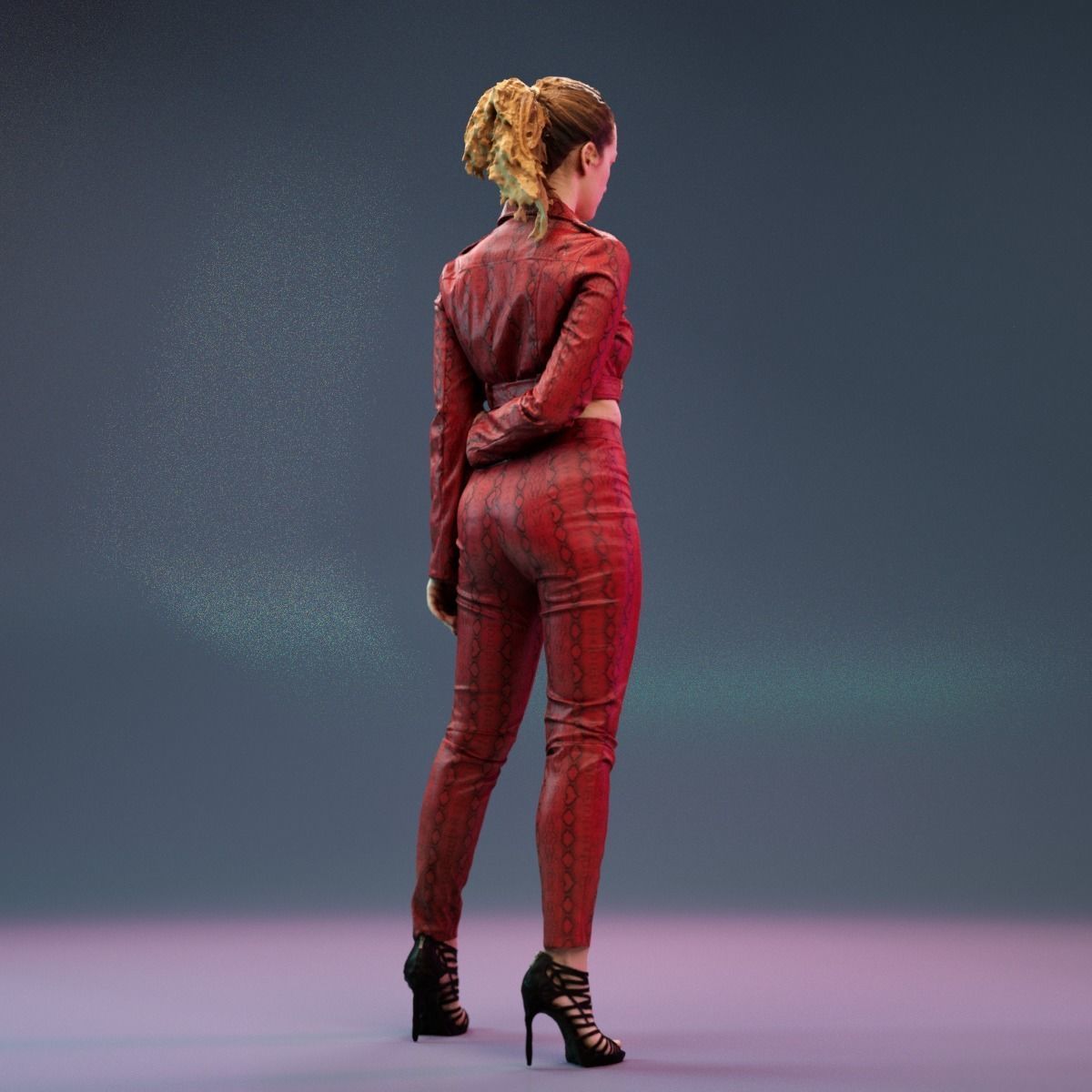Red Snake Leather Outfit Girl Posing in High Heels Low-poly 3D model_5