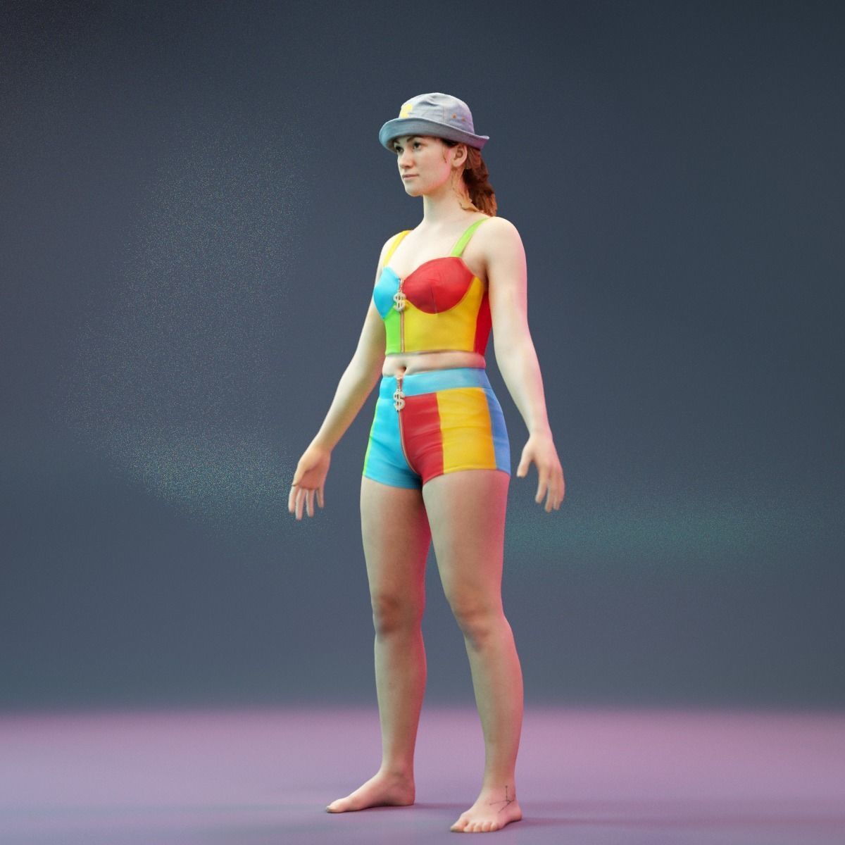 Colorful Leather Outfit Dollar Girl A-Pose Low-poly 3D model_11