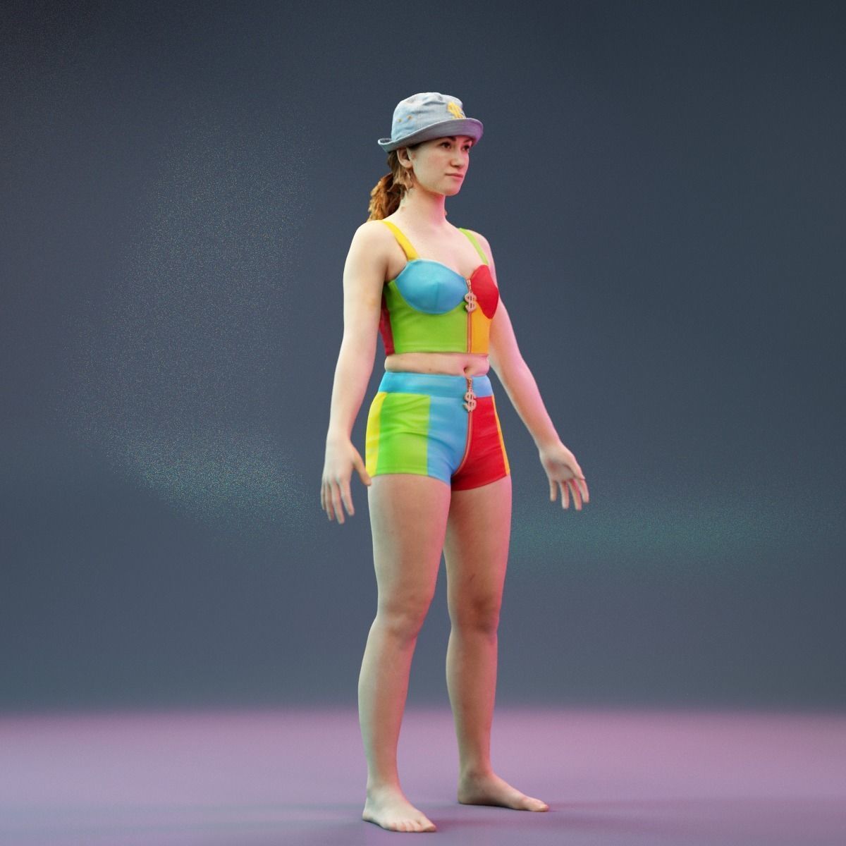 Colorful Leather Outfit Dollar Girl A-Pose Low-poly 3D model_2