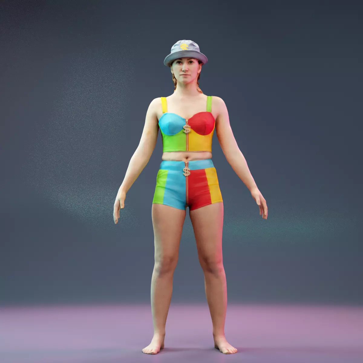 Colorful Leather Outfit Dollar Girl A-Pose Low-poly 3D model_0