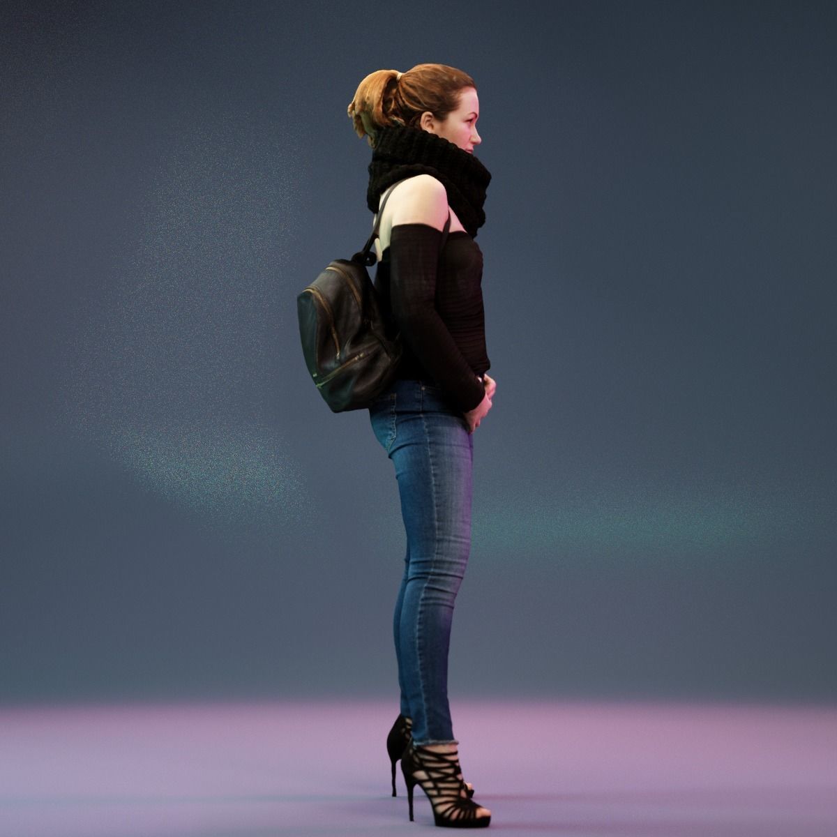 Big Scarf Girl in Jeans and Leather Backpack Posing Low-poly 3D model_3