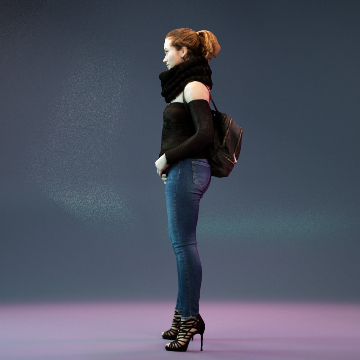 Big Scarf Girl in Jeans and Leather Backpack Posing Low-poly 3D model_9