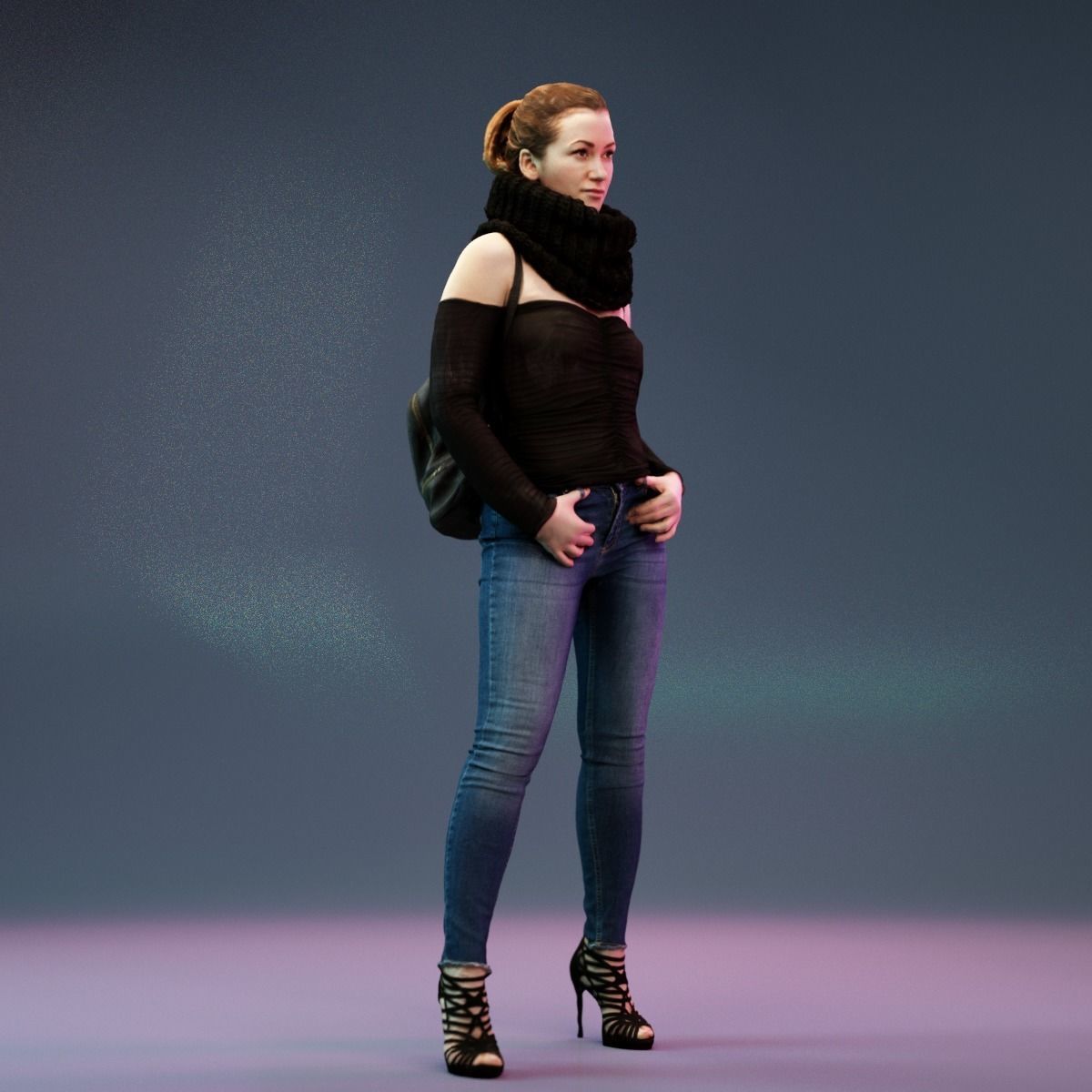 Big Scarf Girl in Jeans and Leather Backpack Posing Low-poly 3D model_2