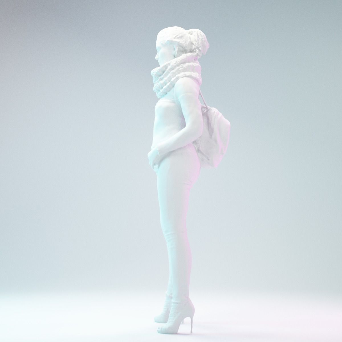 Big Scarf Girl in Jeans and Leather Backpack Posing Low-poly 3D model_10