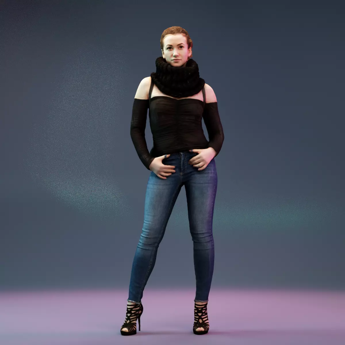 Big Scarf Girl in Jeans and Leather Backpack Posing Low-poly 3D model_0