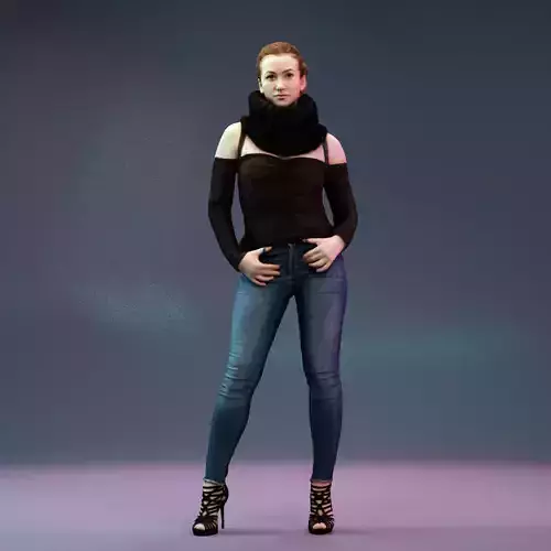 Big Scarf Girl in Jeans and Leather Backpack Posing Low-poly 3D model