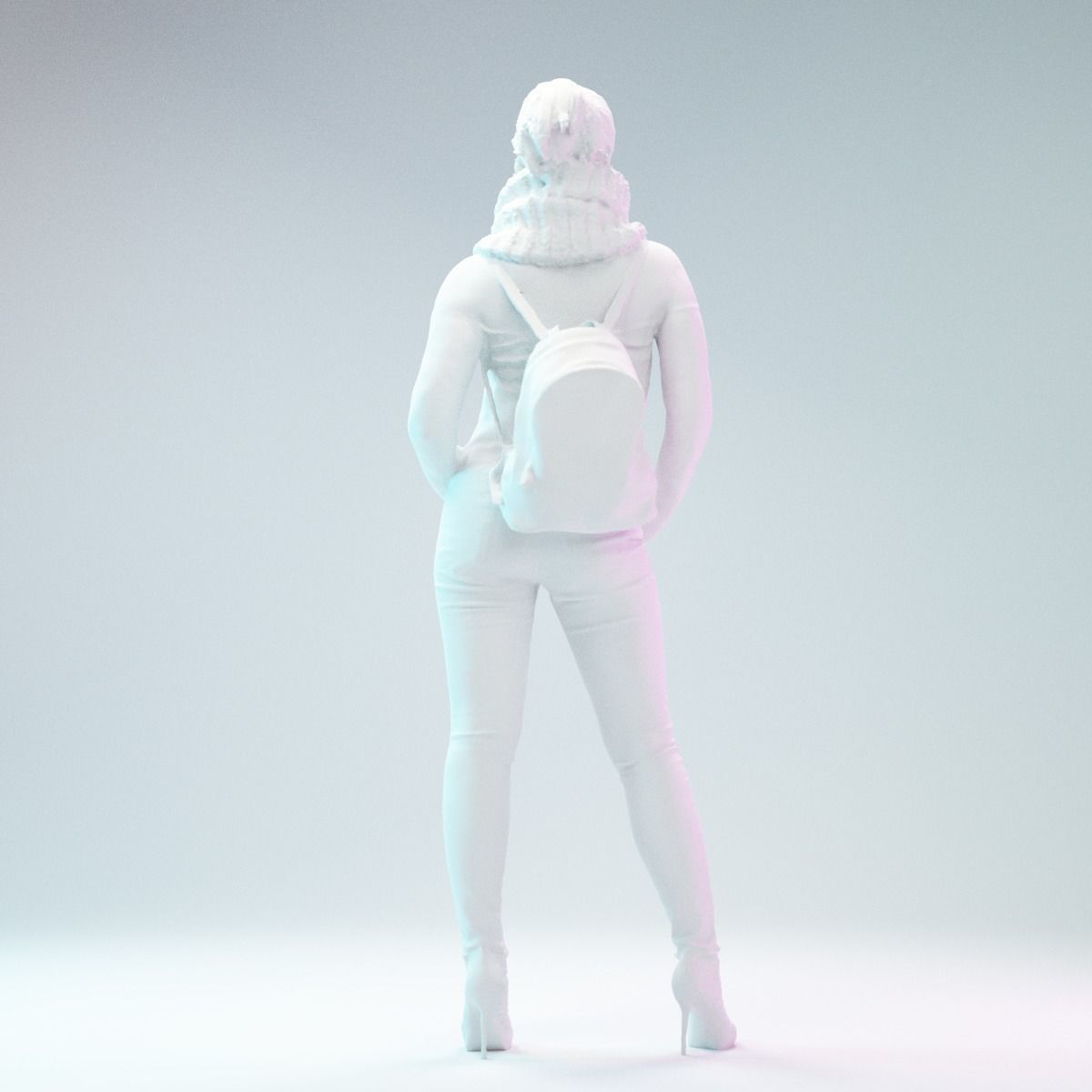 Big Scarf Girl in Jeans and Leather Backpack Posing Low-poly 3D model_7