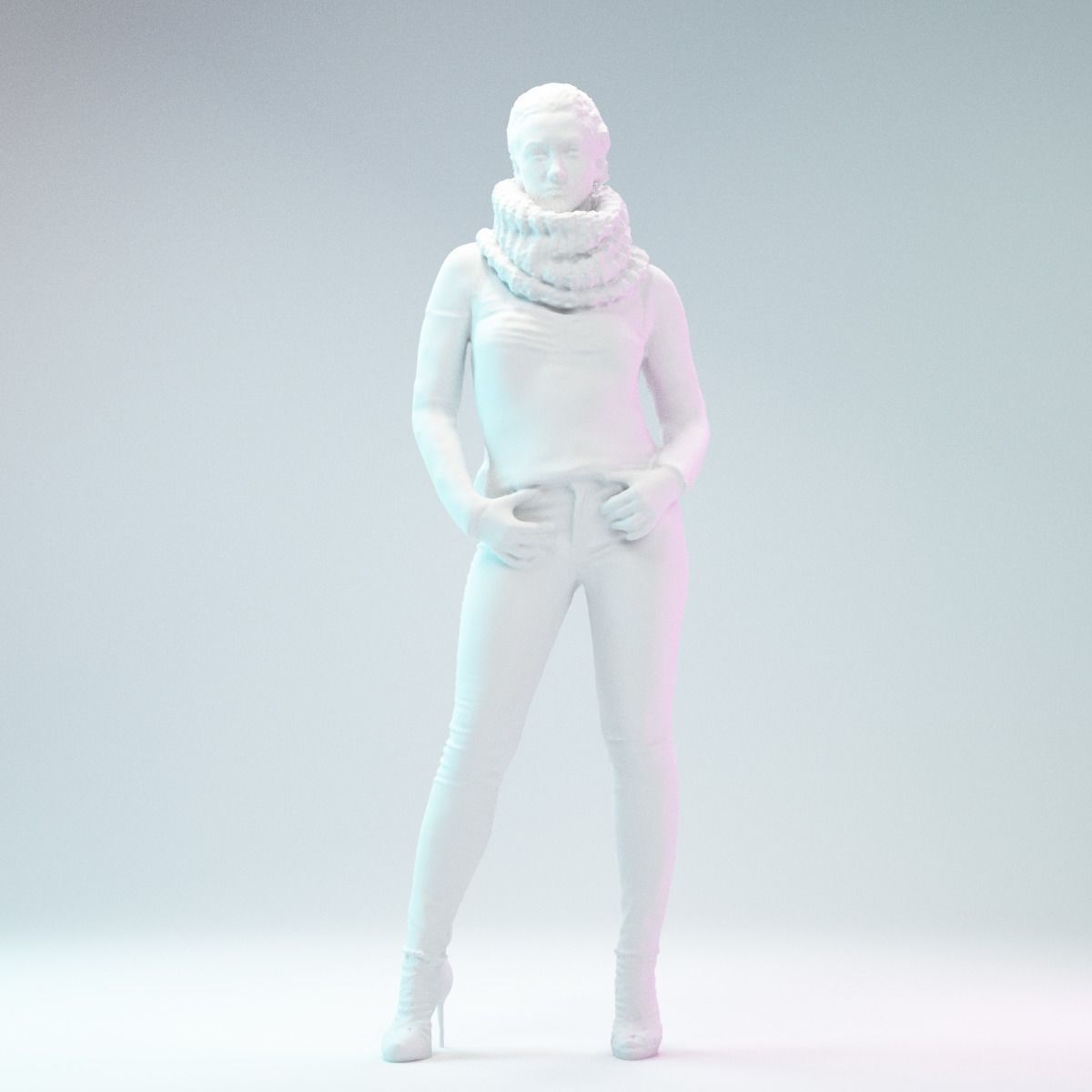 Big Scarf Girl in Jeans and Leather Backpack Posing Low-poly 3D model_1