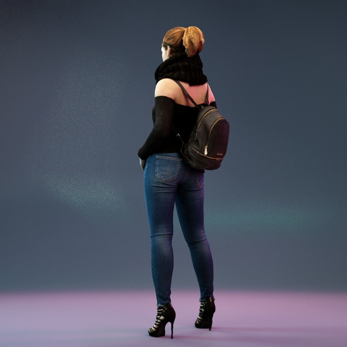 Big Scarf Girl in Jeans and Leather Backpack Posing Low-poly 3D model_8