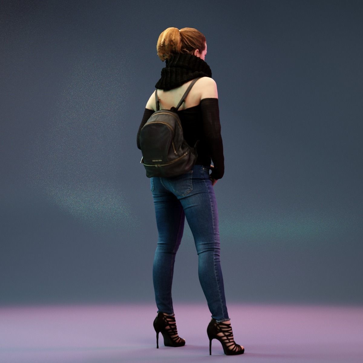Big Scarf Girl in Jeans and Leather Backpack Posing Low-poly 3D model_5