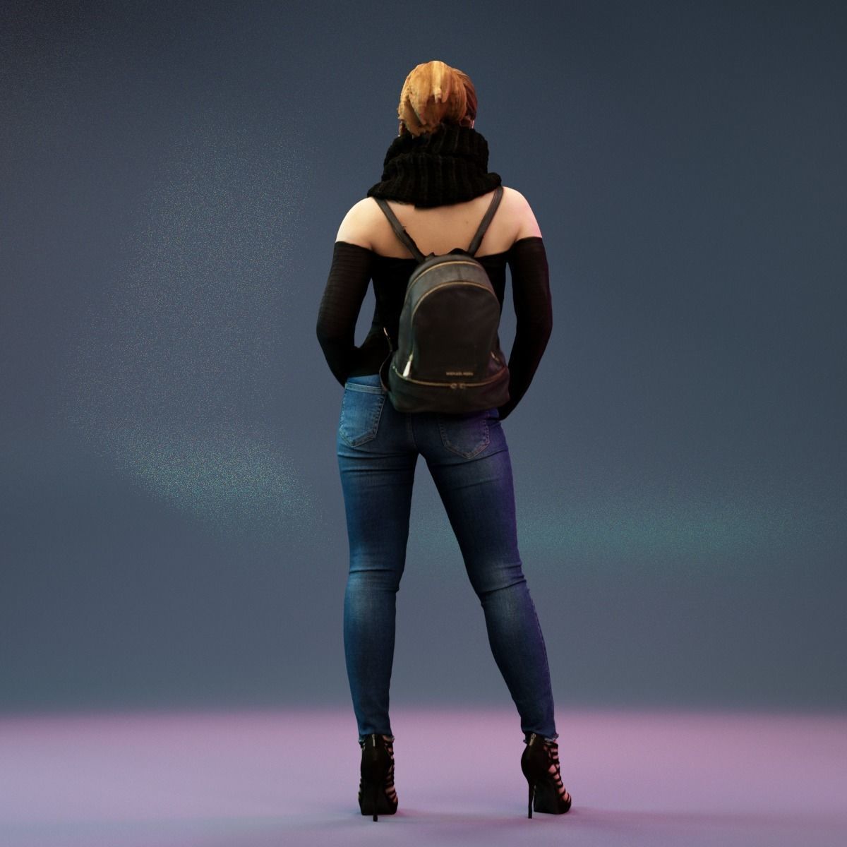 Big Scarf Girl in Jeans and Leather Backpack Posing Low-poly 3D model_6