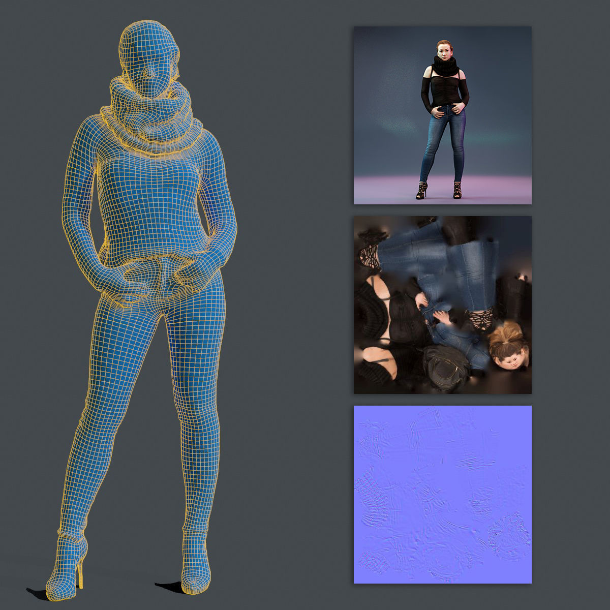 Big Scarf Girl in Jeans and Leather Backpack Posing Low-poly 3D model_12