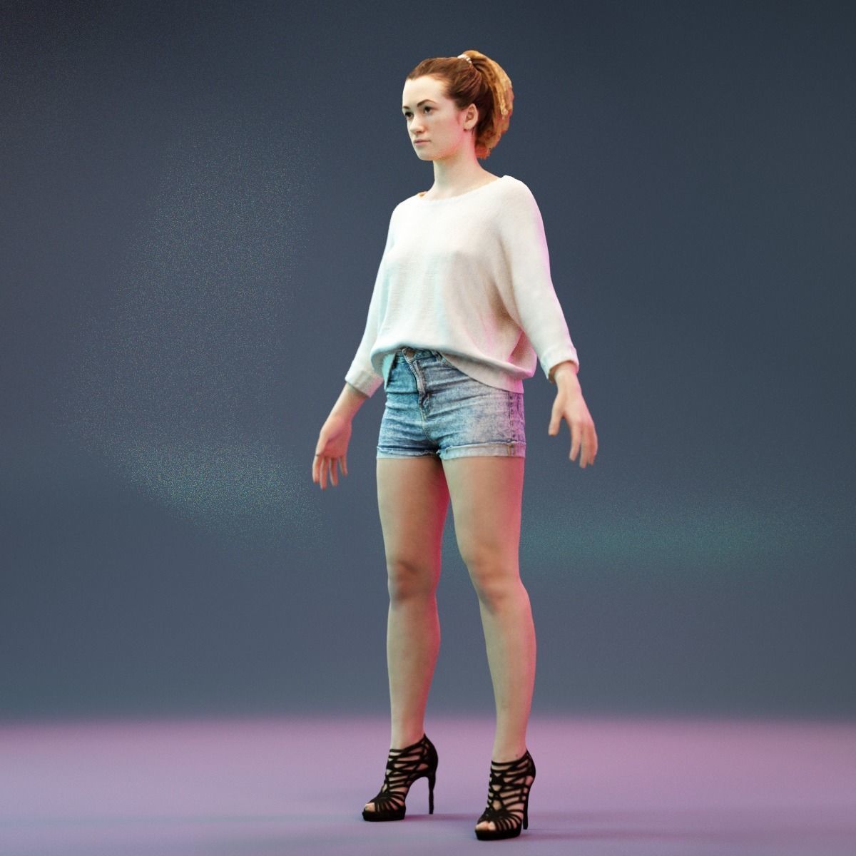 A Pose Model in Jeans Short Heels and White Pullover Low-poly 3D model_11