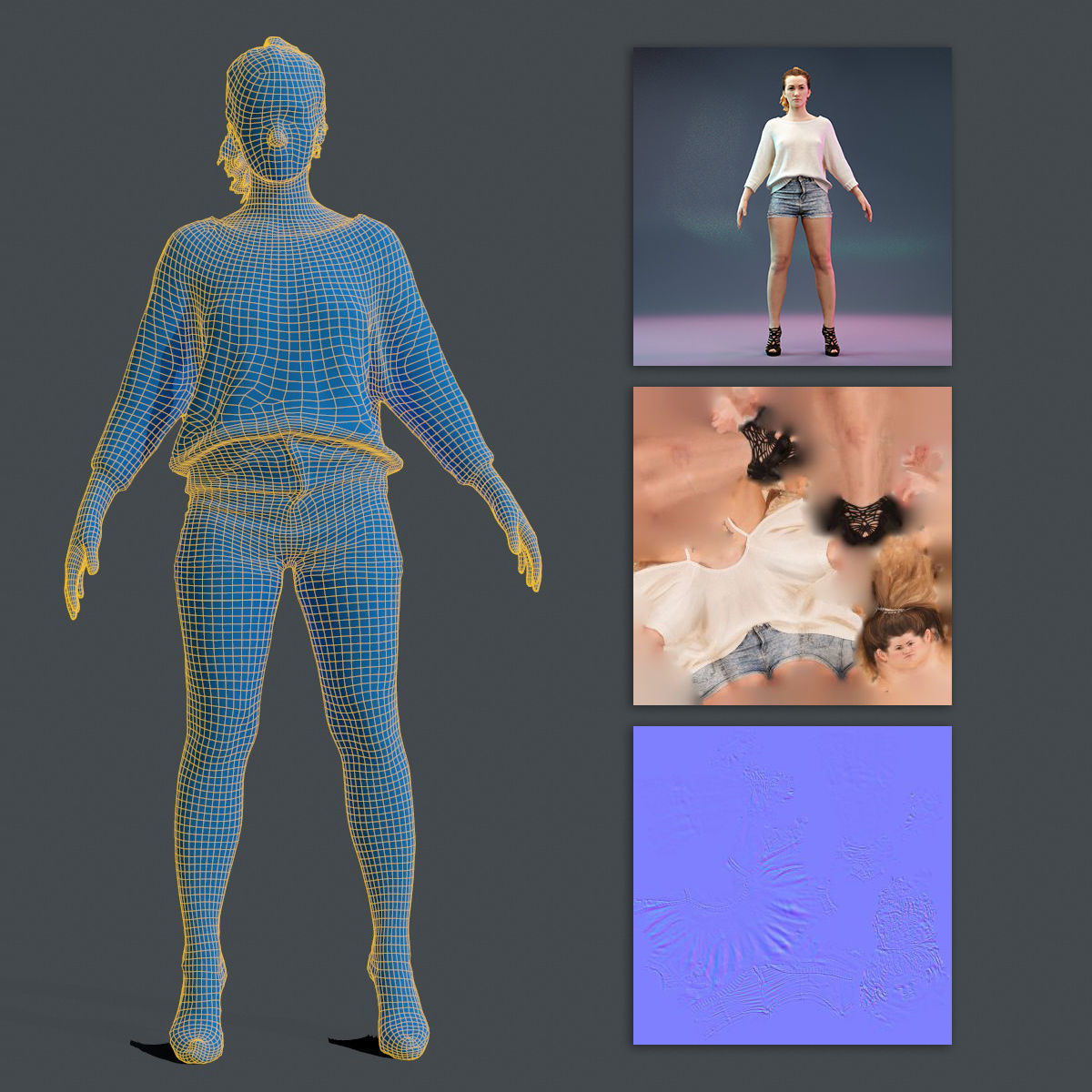 A Pose Model in Jeans Short Heels and White Pullover Low-poly 3D model_12