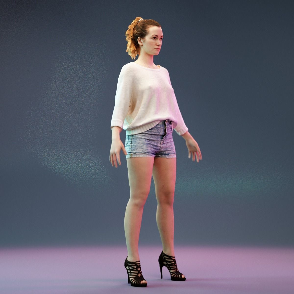 A Pose Model in Jeans Short Heels and White Pullover Low-poly 3D model_2