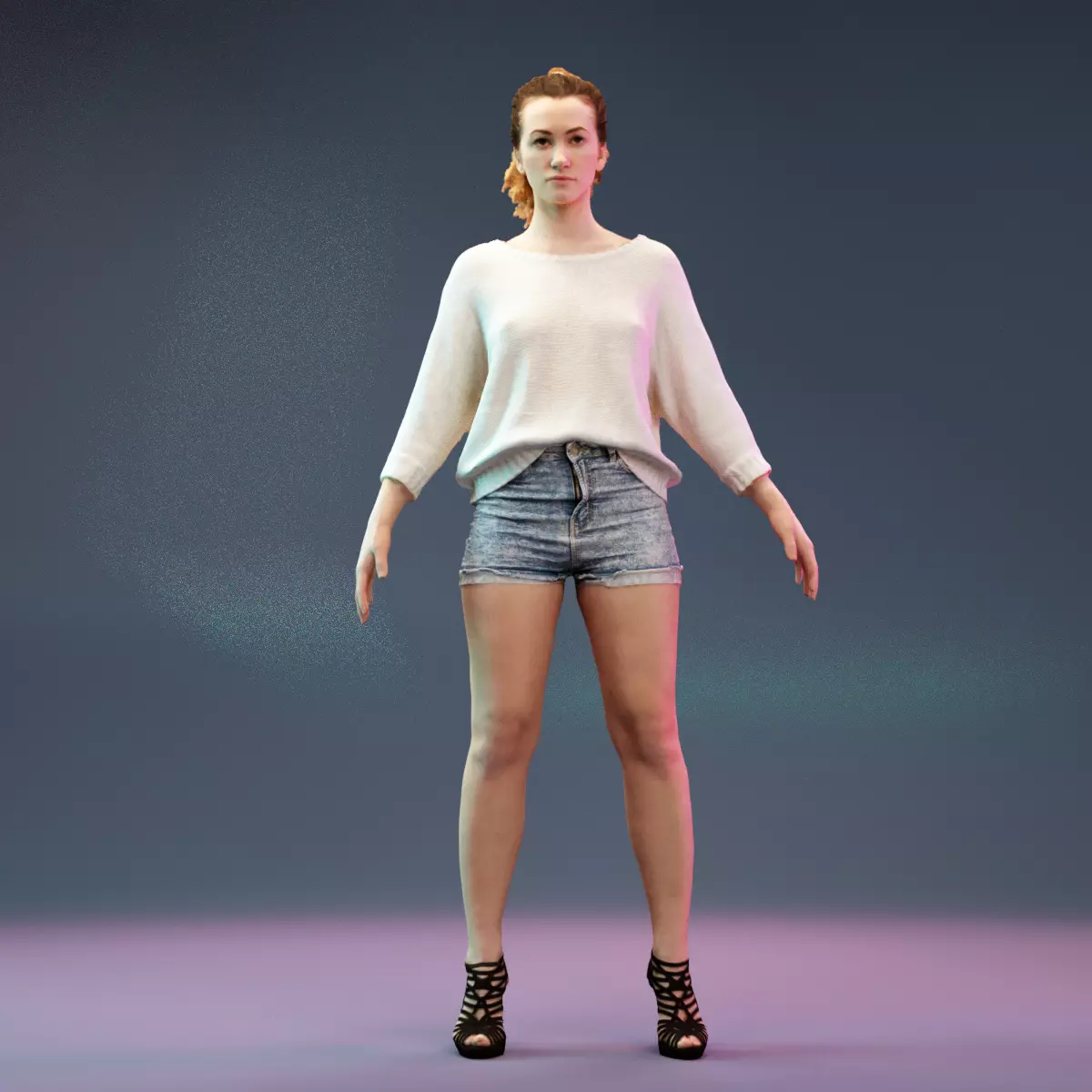 A Pose Model in Jeans Short Heels and White Pullover Low-poly 3D model_0