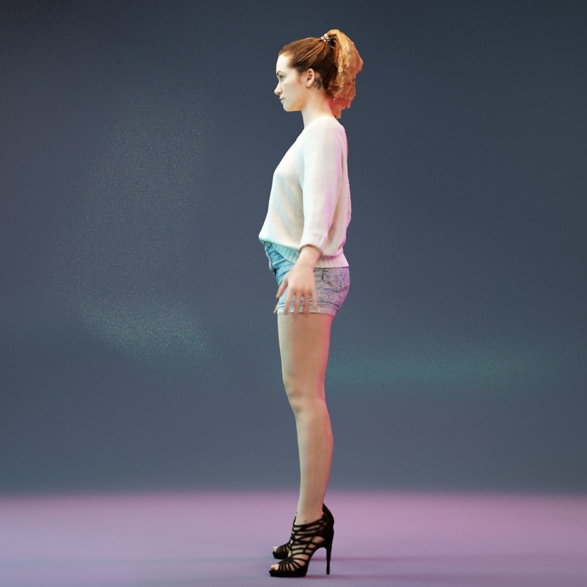 A Pose Model in Jeans Short Heels and White Pullover Low-poly 3D model_9