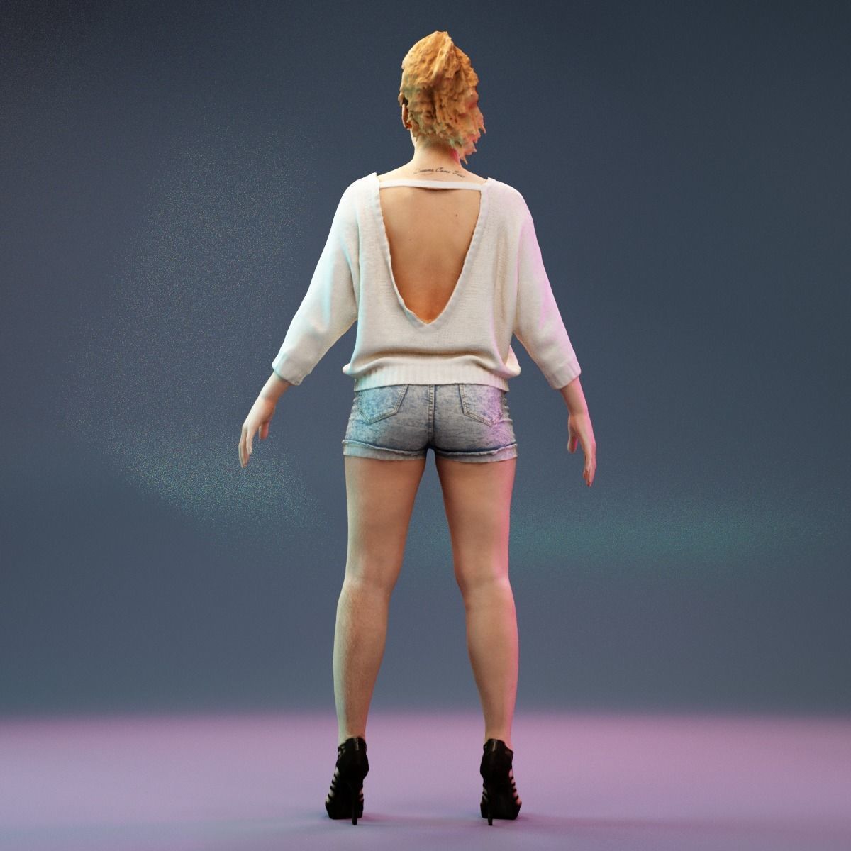 A Pose Model in Jeans Short Heels and White Pullover Low-poly 3D model_6
