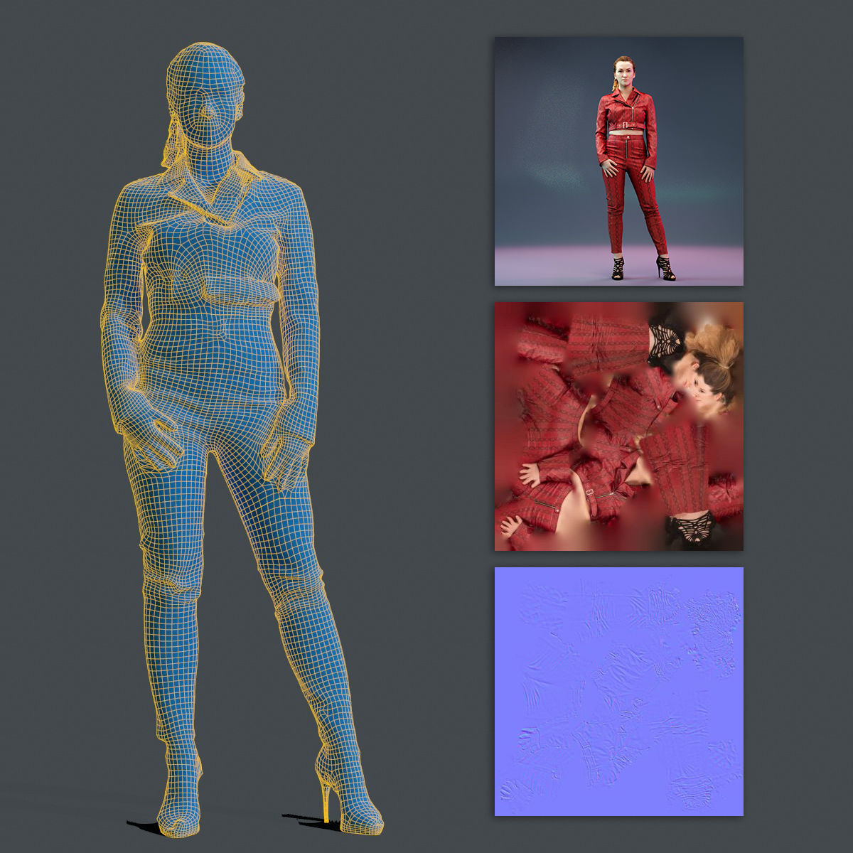 Girl in Red Leather Snake Catsuit Posing Low-poly 3D model_12