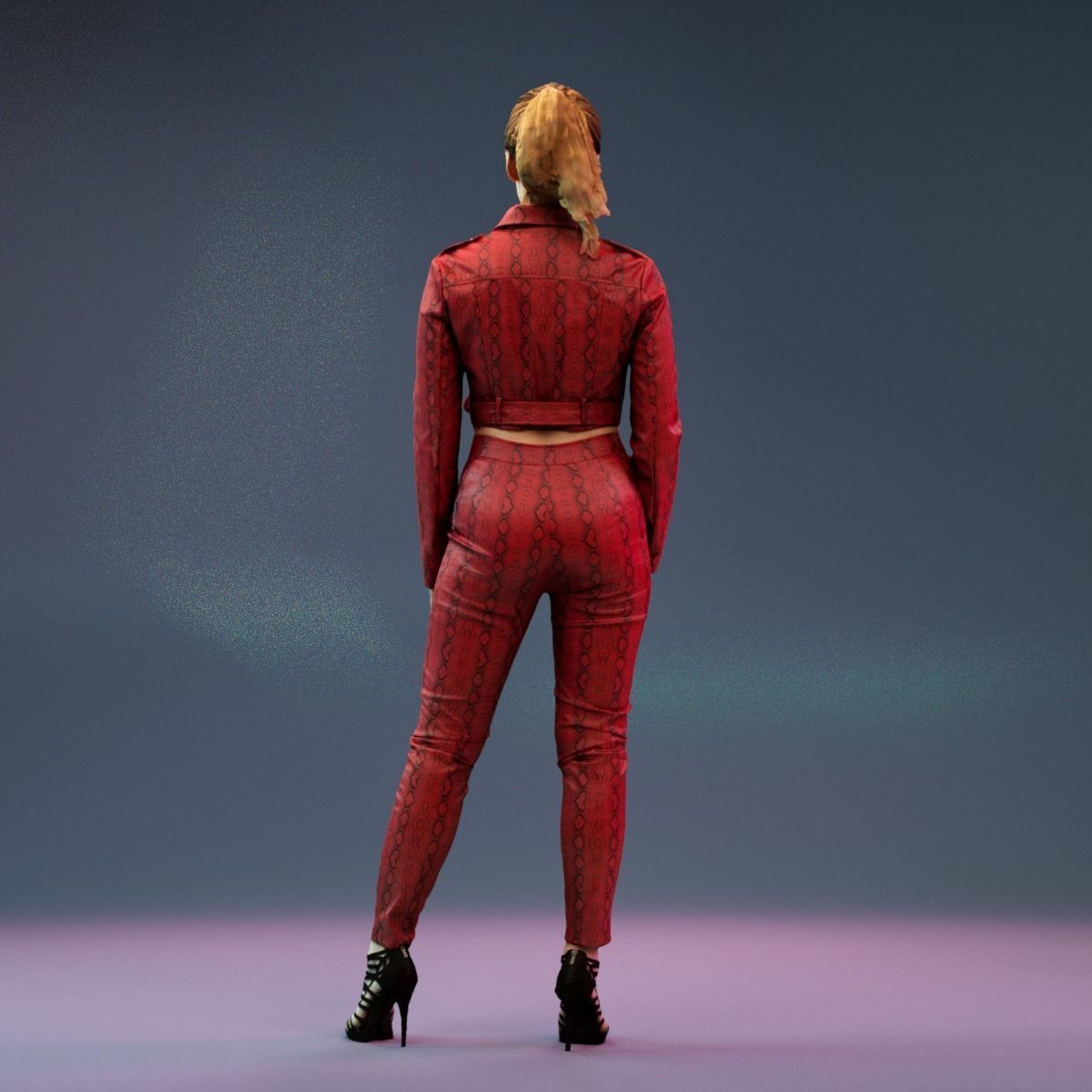 Girl in Red Leather Snake Catsuit Posing Low-poly 3D model_6
