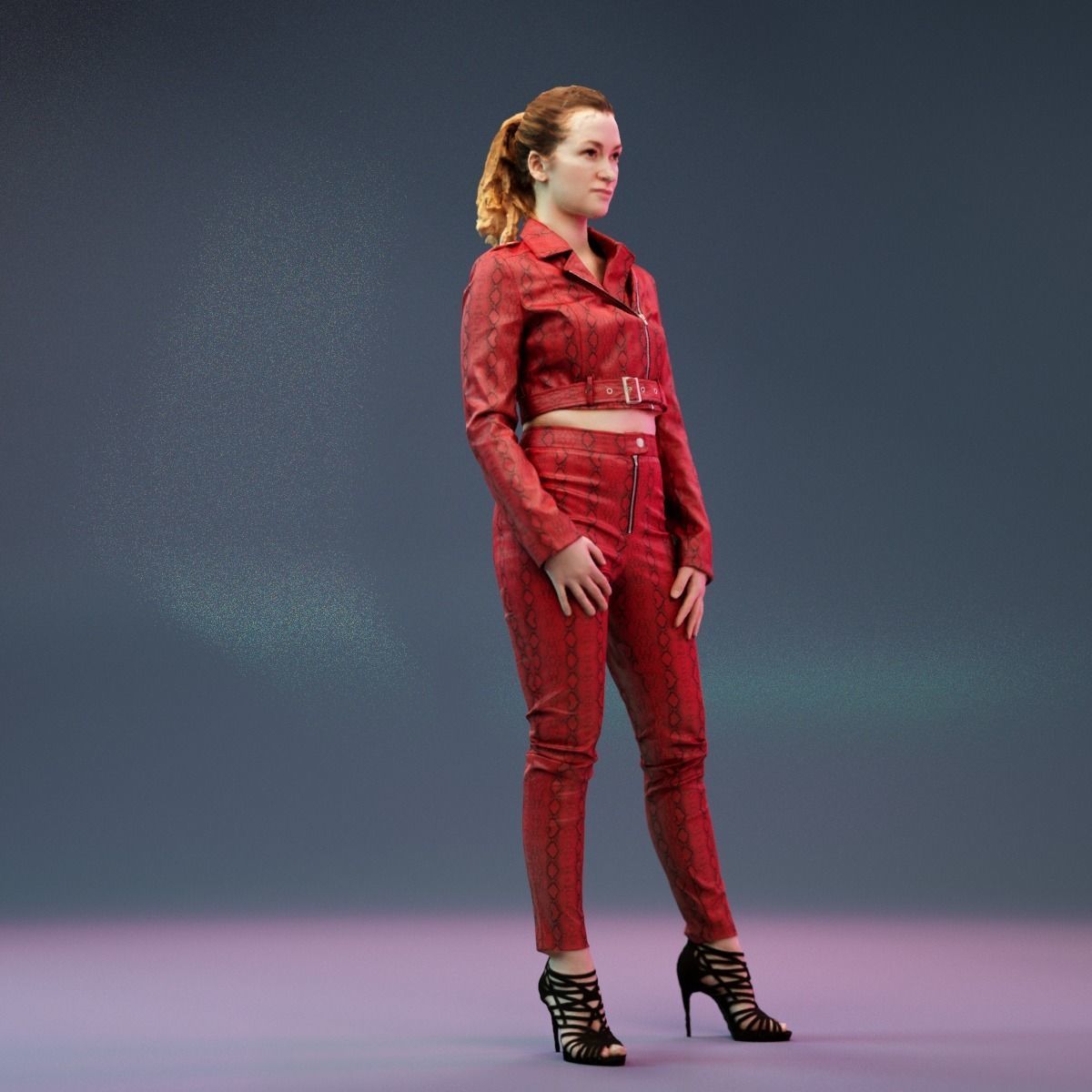 Girl in Red Leather Snake Catsuit Posing Low-poly 3D model_2