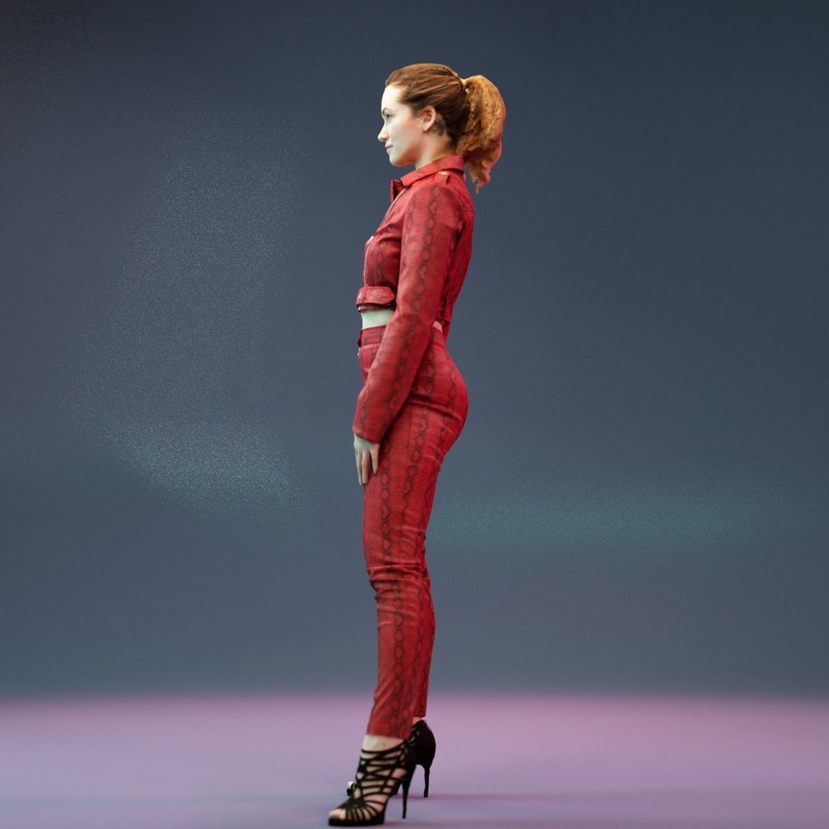 Girl in Red Leather Snake Catsuit Posing Low-poly 3D model_9