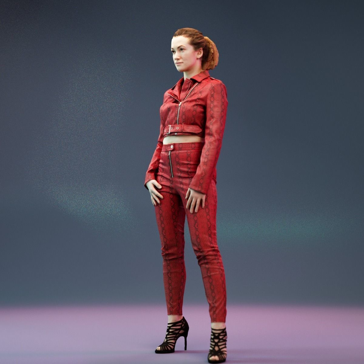 Girl in Red Leather Snake Catsuit Posing Low-poly 3D model_11