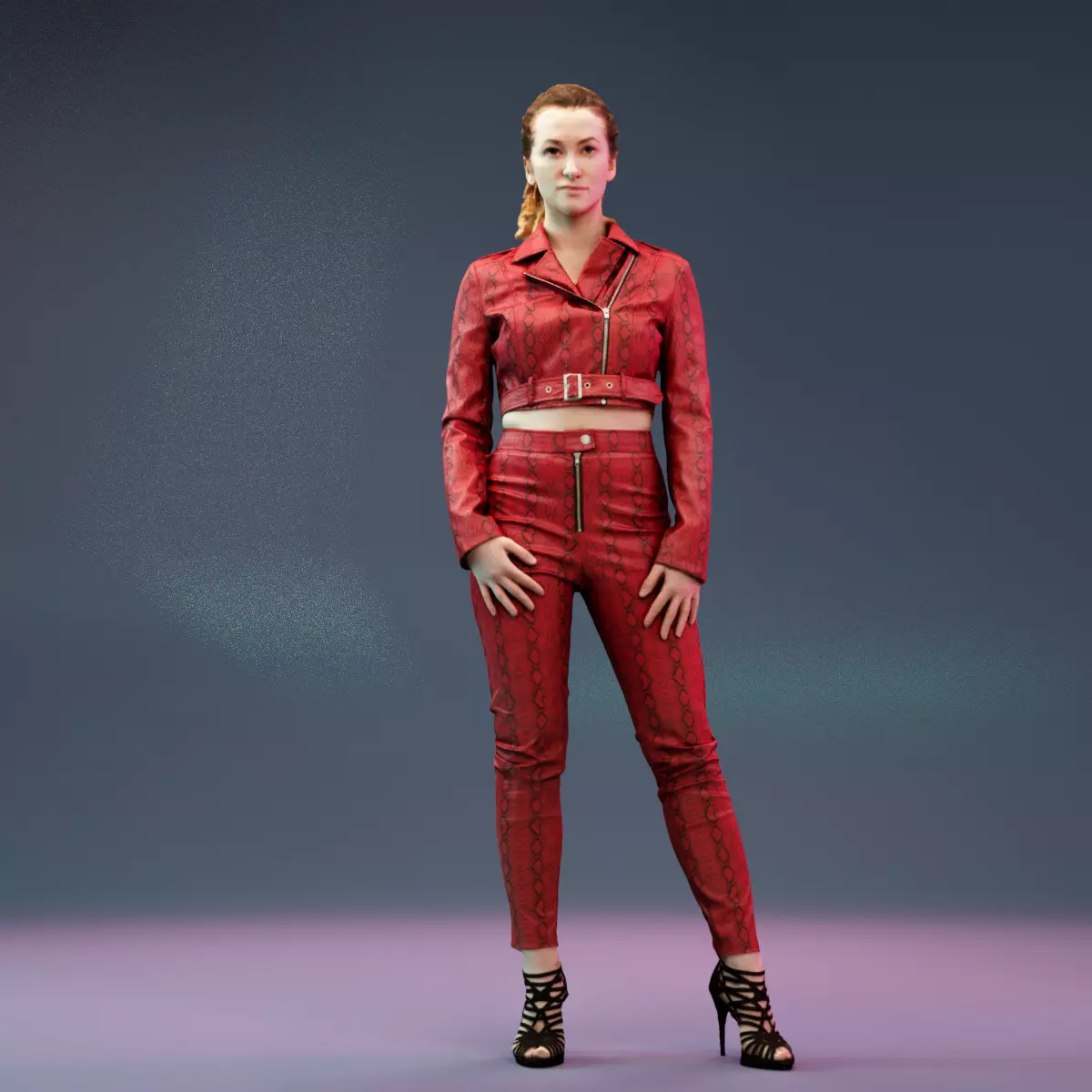 Girl in Red Leather Snake Catsuit Posing Low-poly 3D model_0