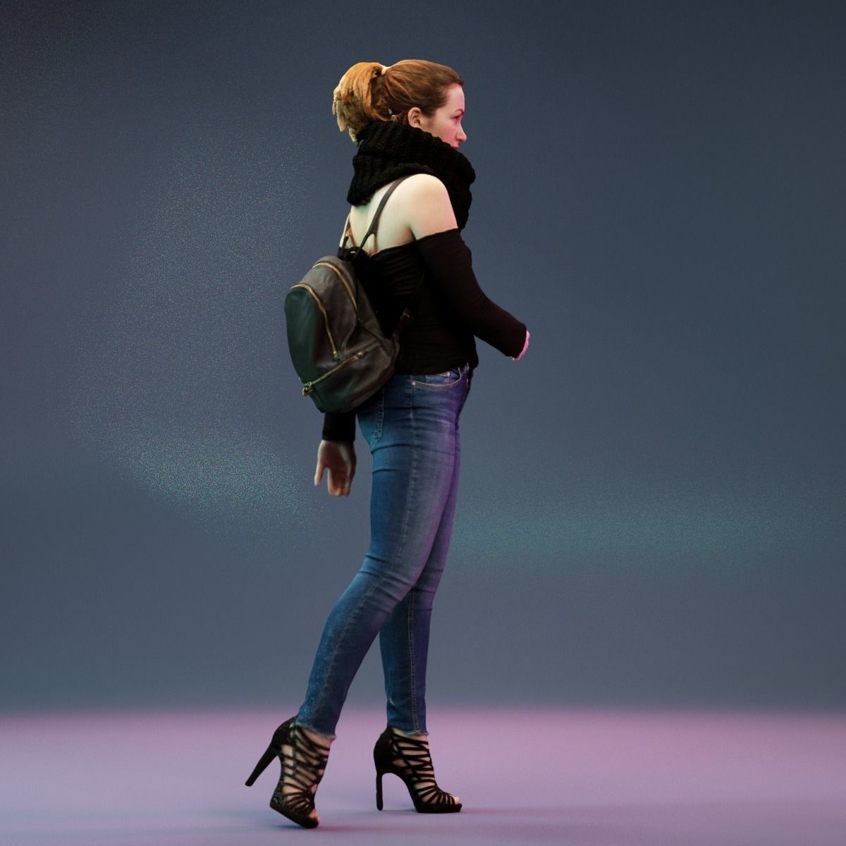 Girl Walking in Black Scarf Jeans and Backpack Low-poly 3D model_3
