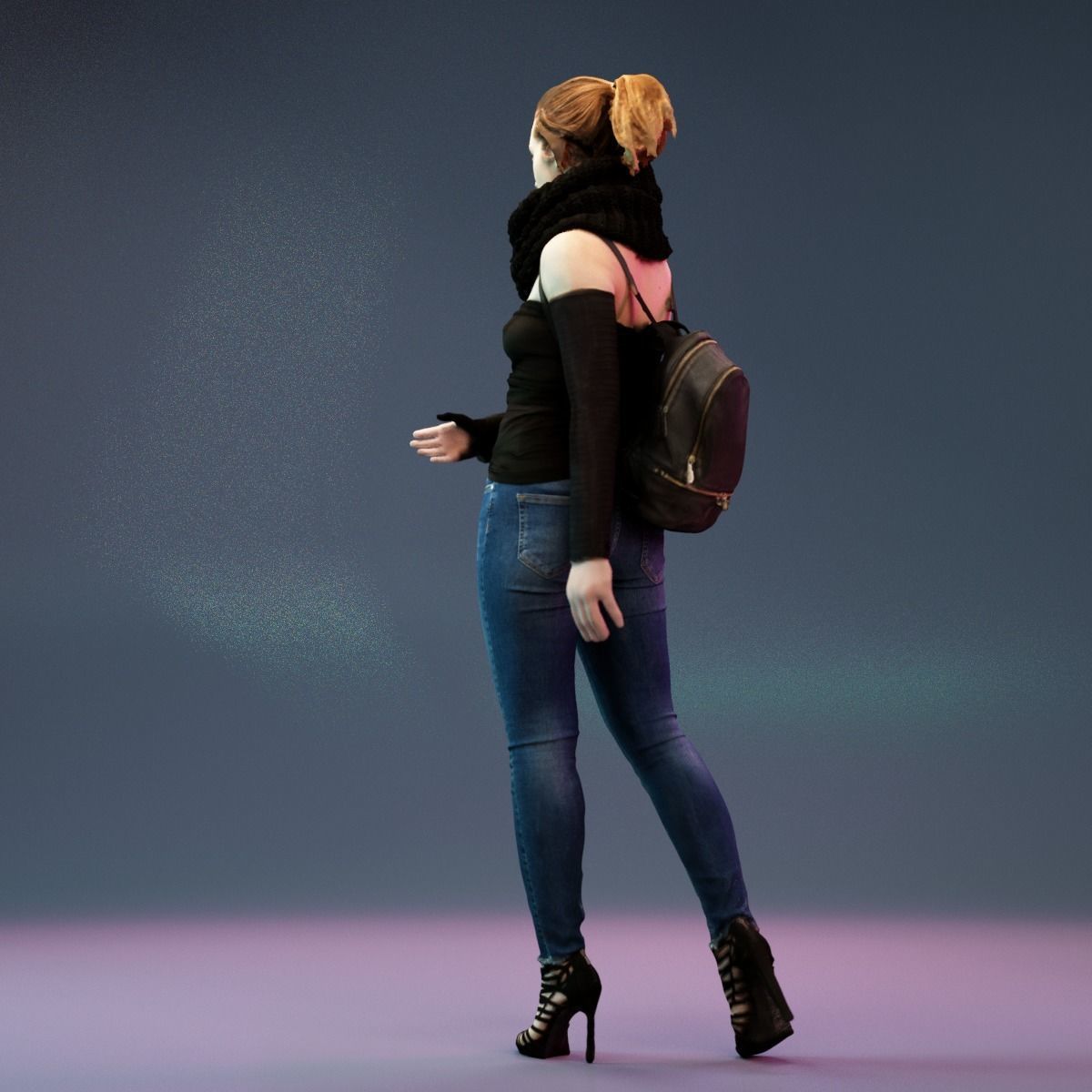 Girl Walking in Black Scarf Jeans and Backpack Low-poly 3D model_8