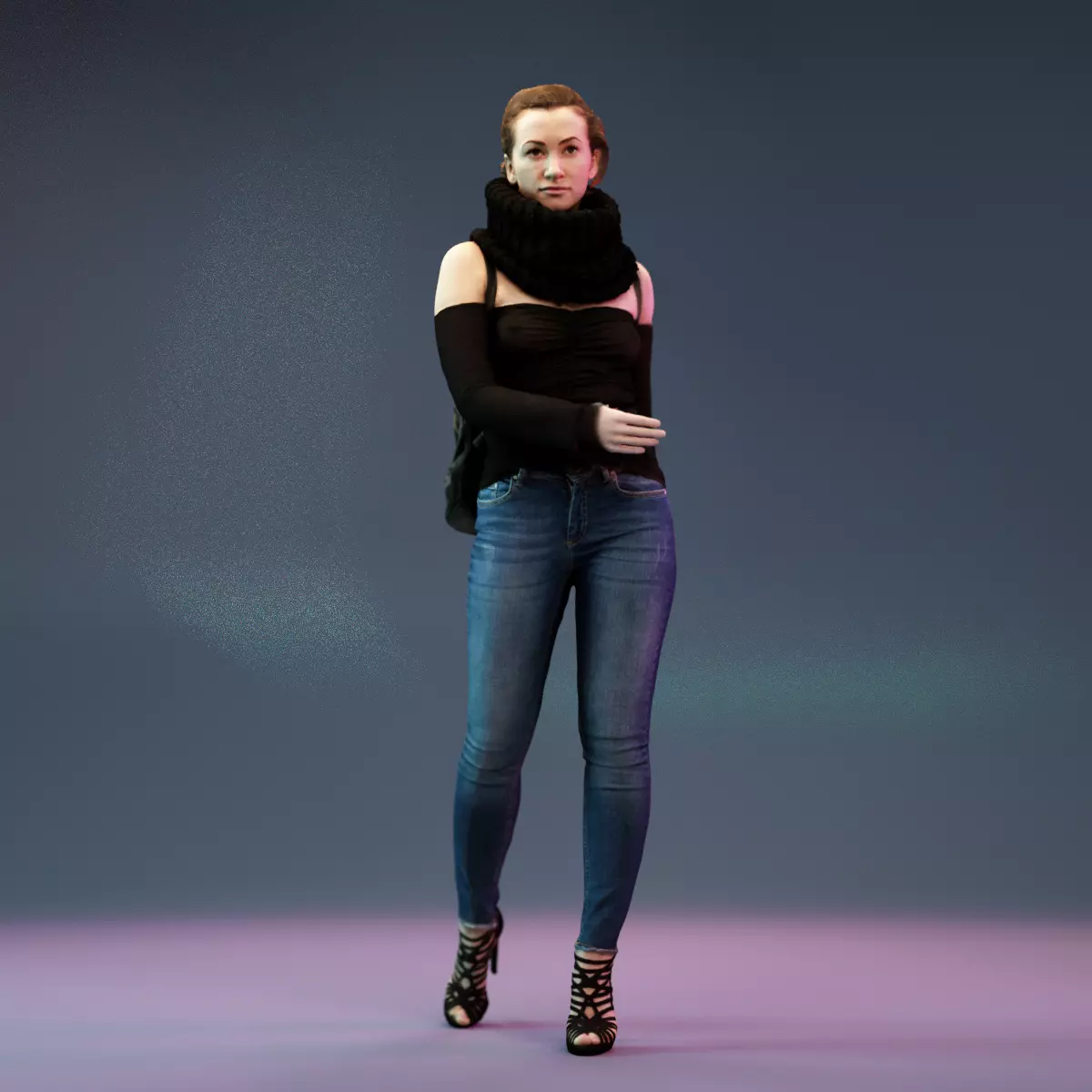 Girl Walking in Black Scarf Jeans and Backpack Low-poly 3D model_0