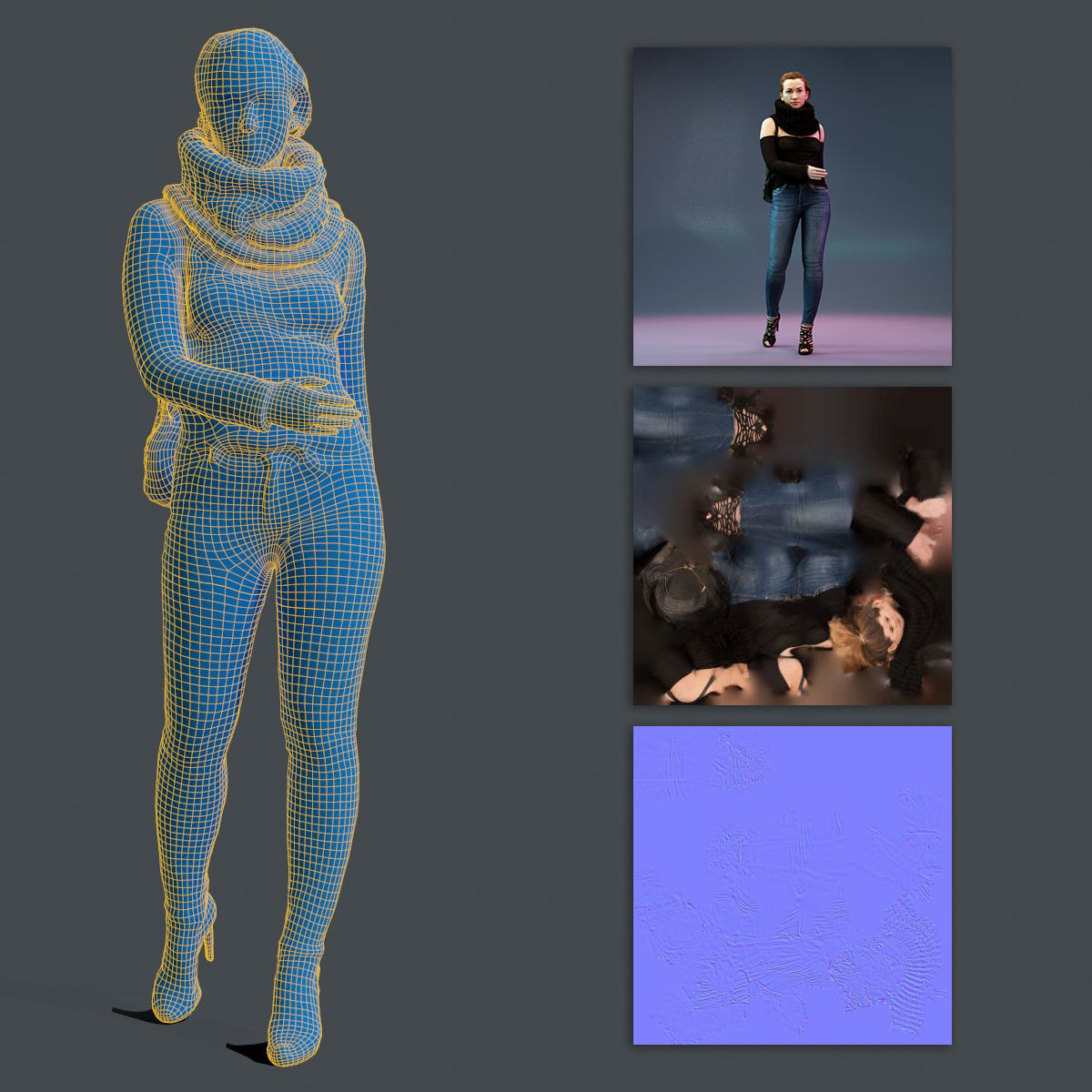 Girl Walking in Black Scarf Jeans and Backpack Low-poly 3D model_12