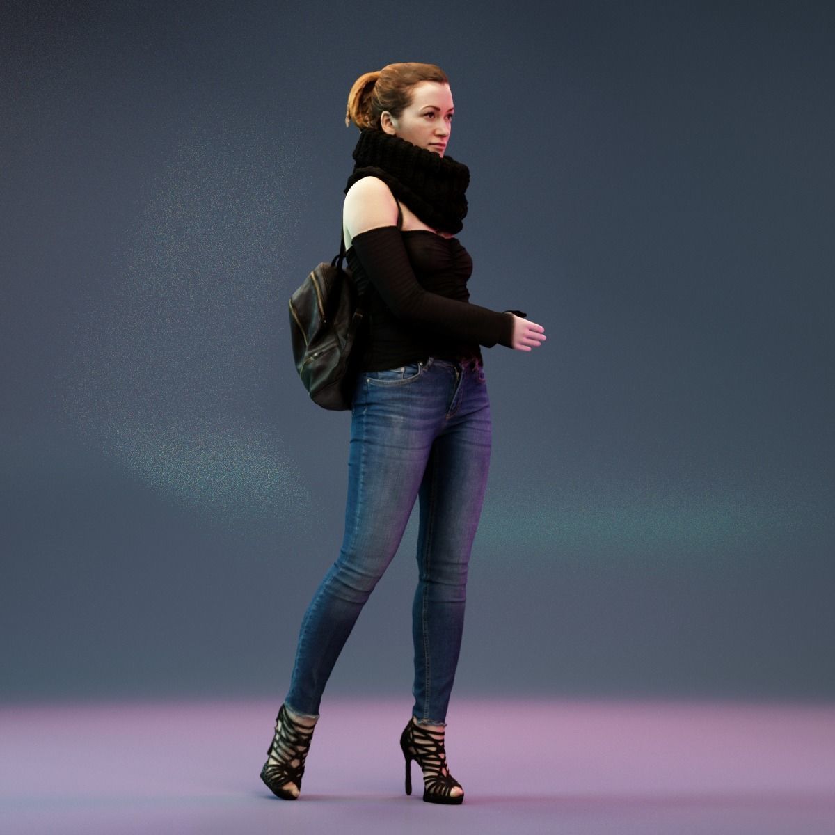 Girl Walking in Black Scarf Jeans and Backpack Low-poly 3D model_2