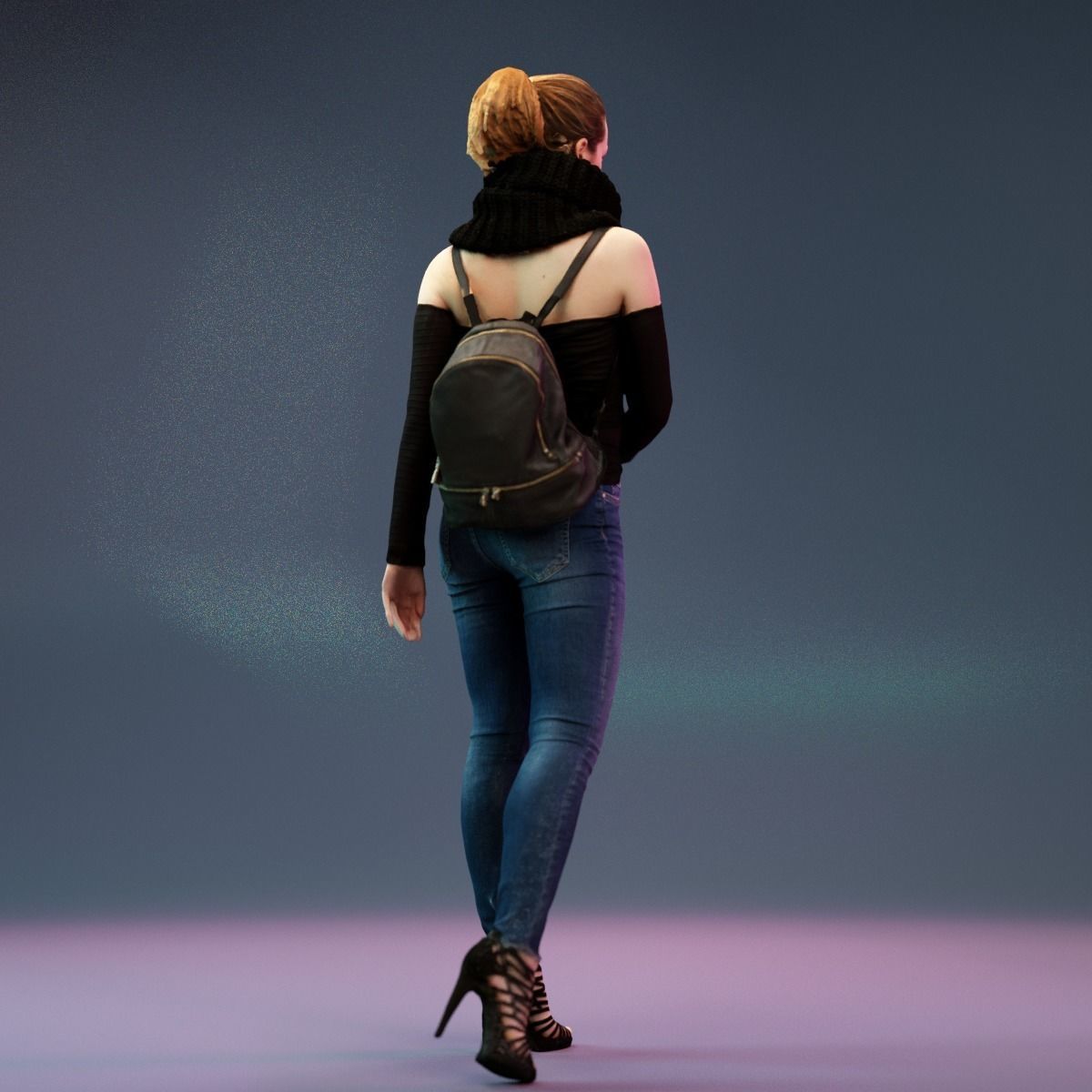 Girl Walking in Black Scarf Jeans and Backpack Low-poly 3D model_5
