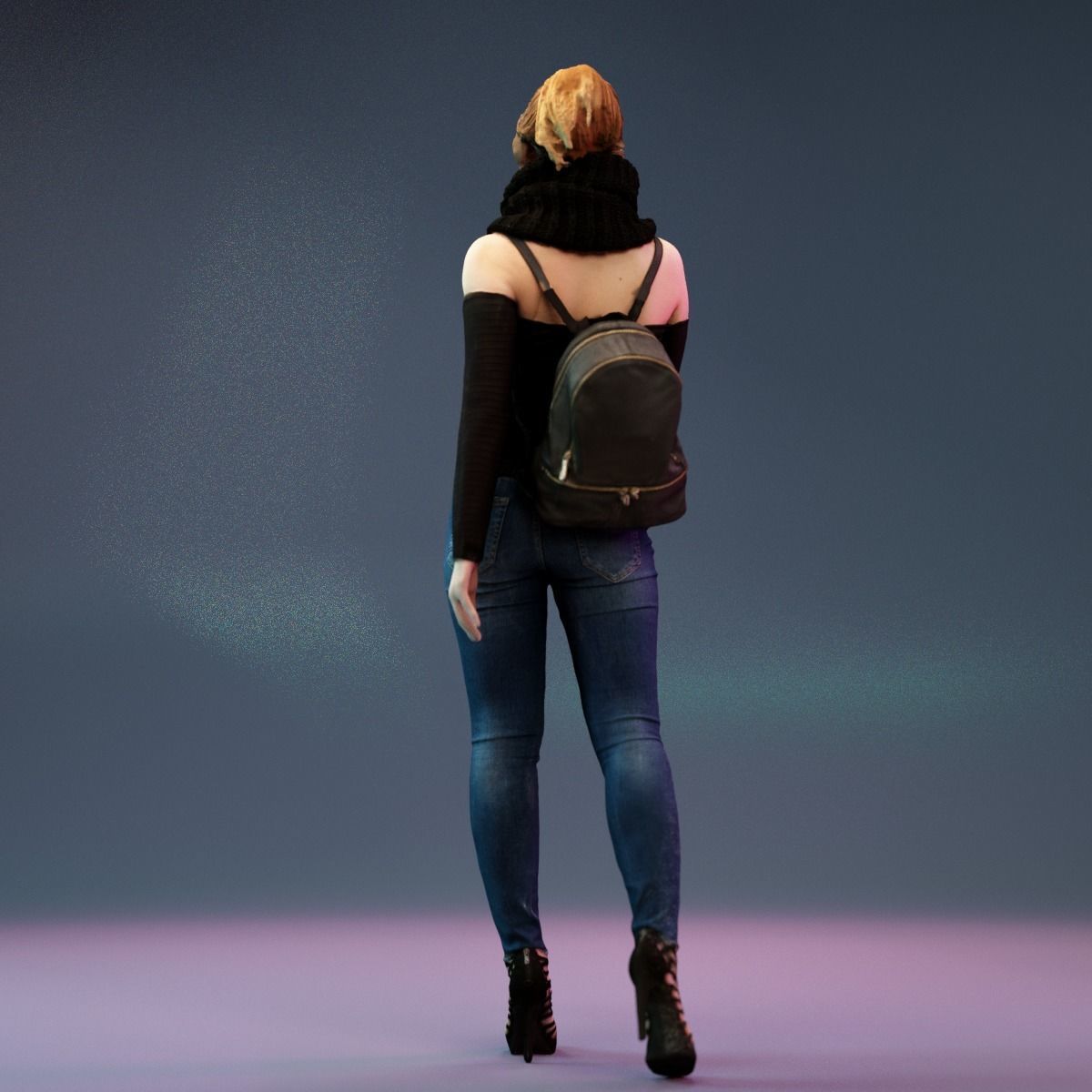 Girl Walking in Black Scarf Jeans and Backpack Low-poly 3D model_6