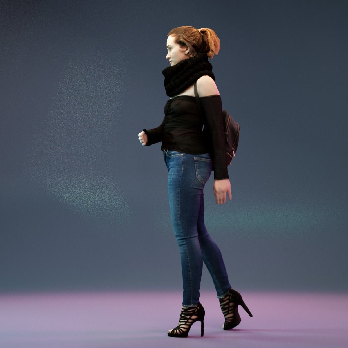 Girl Walking in Black Scarf Jeans and Backpack Low-poly 3D model_9