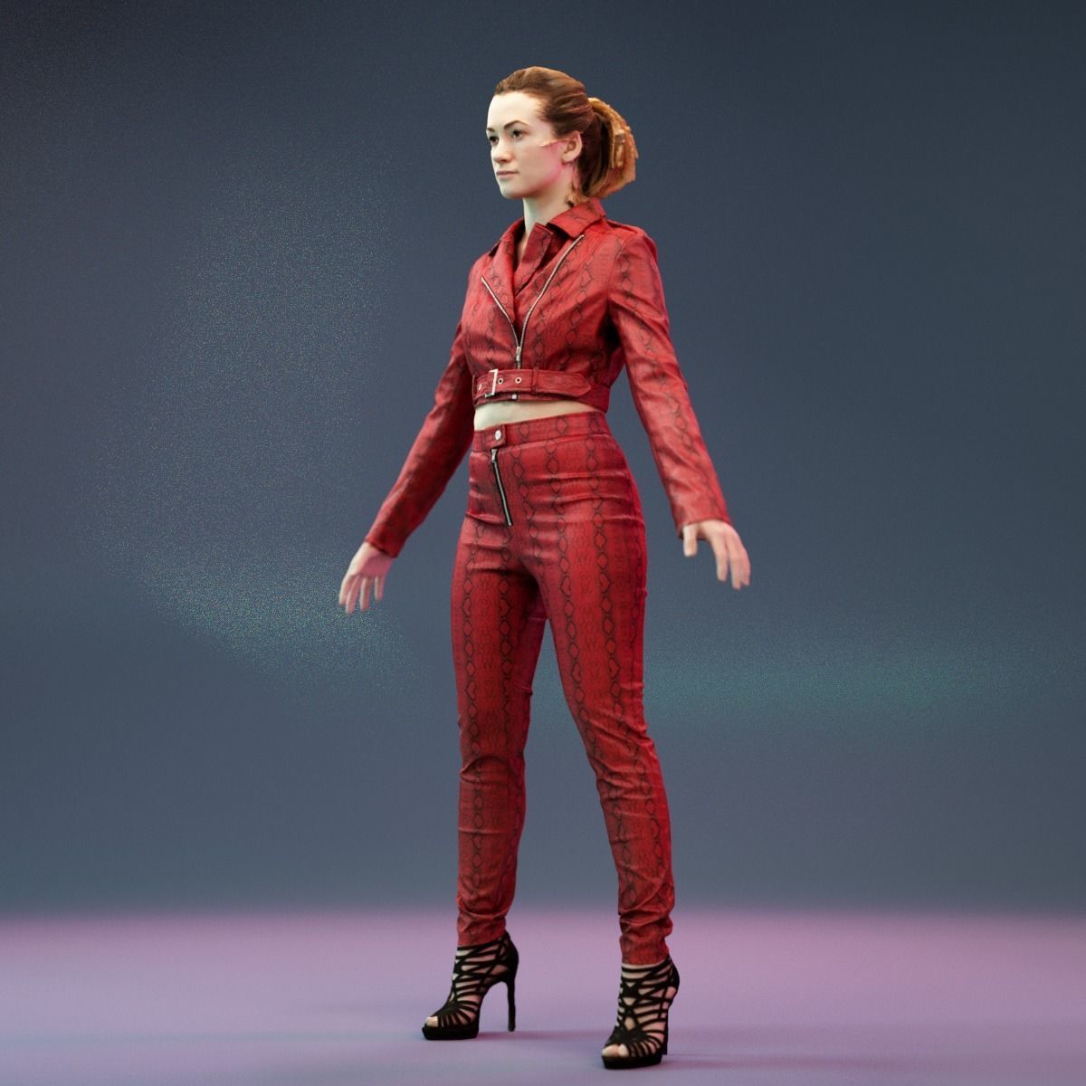 A Pose Girl in Leather Snake Suit and Heels Low-poly 3D model_11