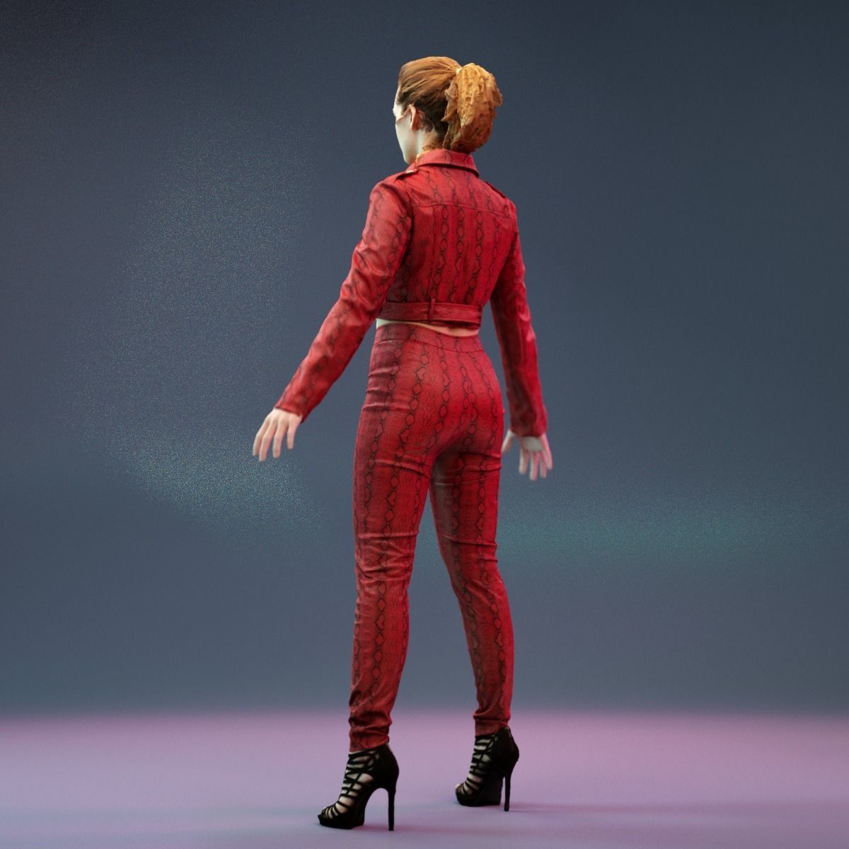 A Pose Girl in Leather Snake Suit and Heels Low-poly 3D model_8
