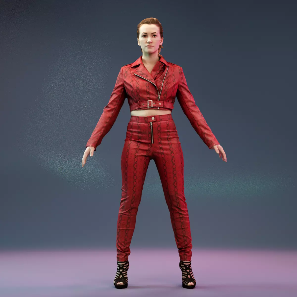 A Pose Girl in Leather Snake Suit and Heels Low-poly 3D model_0
