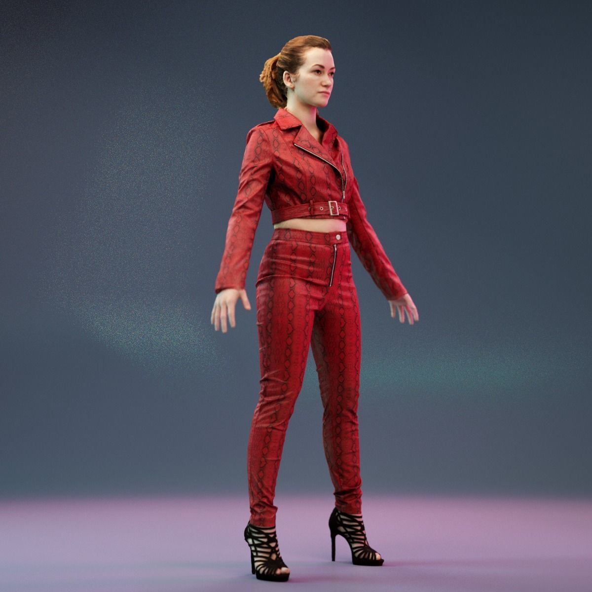 A Pose Girl in Leather Snake Suit and Heels Low-poly 3D model_2